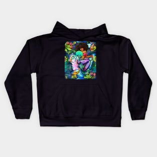 Mermaid holding a jellyfish with Koi fish in koi pond with plants and flowers black African American mermaid Kids Hoodie